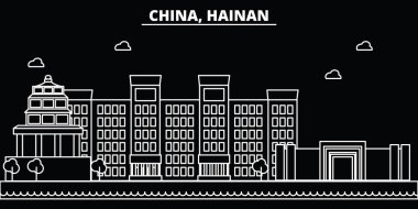 Hainan siluet manzarası. Çin - Hainan vektör şehir, Çin doğrusal mimarisi, binalar. Hainan satır seyahat illüstrasyon, yerler. Çin düz simgesi, Çin anahat tasarım afiş