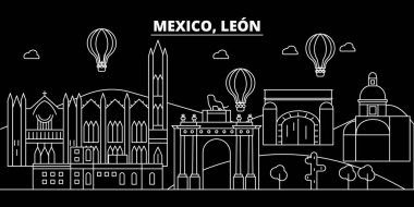 Leon siluet manzarası. Meksika - Leon vektör city, Meksika doğrusal mimarisi, binalar. Leon satır seyahat illüstrasyon, yerler. Meksika düz simgesi, Meksika anahat tasarım afiş