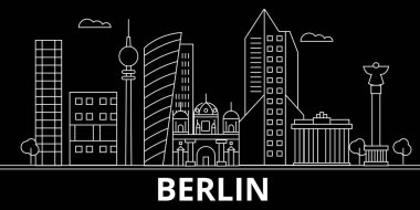 Berlin siluet manzarası. Almanya - Berlin vektör şehir, Alman doğrusal mimarisi, binalar. Berlin hattı seyahat illüstrasyon, yerler. Almanya düz simgesi, Alman anahat tasarım afiş