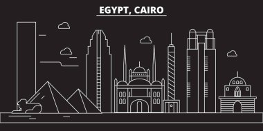 Cairo siluet manzarası. Mısır - Cairo vektör şehir, Mısır doğrusal mimarisi, binalar. Cairo satır seyahat illüstrasyon, yerler. Mısır düz simgesi, Mısır anahat tasarım afiş