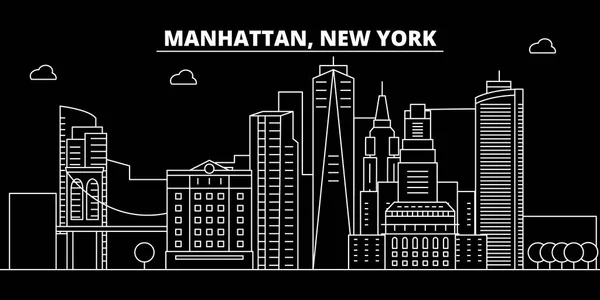 Sílhueta de Manhattan no horizonte. EUA - Manhattan vector city, arquitetura linear americana, edifícios. Ilustração de viagem de Manhattan, marcos de contorno. EUA ícone plana, banner linha americana — Vetor de Stock