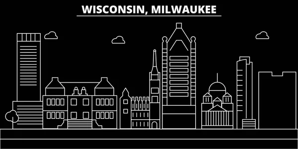 Línea de silueta de Milwaukee City. Estados Unidos - Ciudad de Milwaukee ciudad vectorial, arquitectura lineal americana. Milwaukee City ilustración de viajes, esbozar puntos de referencia. EE.UU. icono plano, bandera de línea americana — Vector de stock