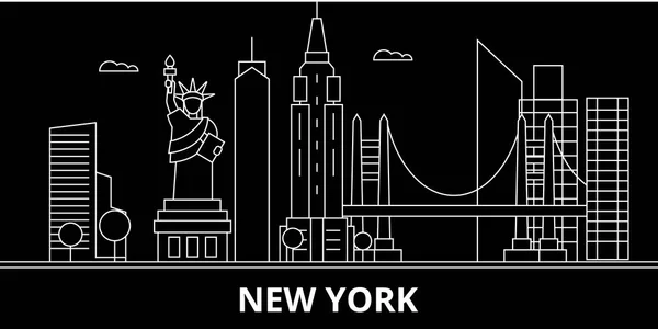 Panorama New Yorku silueta. USA - New York City vektor město, americký lineární architektura, budovy. New York City line cestování ilustrace, zajímavosti. USA ploché ikony, americký obrys design — Stockový vektor