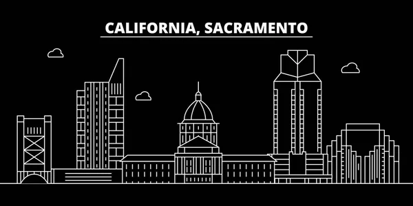 Sacramento silueta horizonte. EE.UU. - Sacramento vector de la ciudad, la arquitectura lineal americana, edificios. Ilustración de viajes de Sacramento, esbozar puntos de referencia. EE.UU. icono plano, bandera de línea americana — Vector de stock