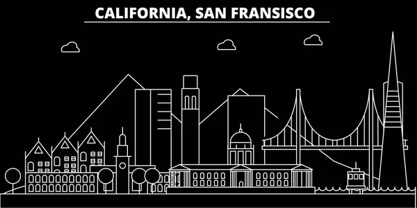 Línea de silueta de San Francisco. Estados Unidos - Ciudad vectorial de San Francisco, arquitectura lineal americana, edificios. Ilustración de viajes de San Francisco, contorno de puntos de referencia. EE.UU. icono plano, bandera de línea americana — Archivo Imágenes Vectoriales