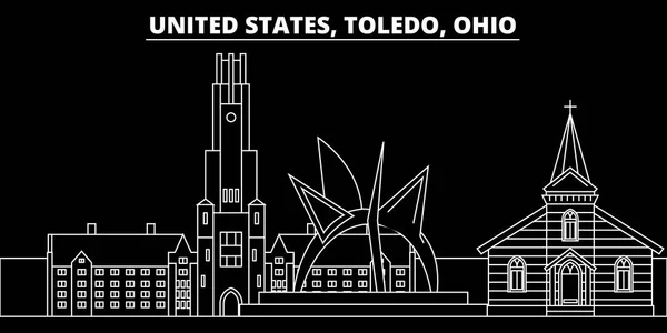Toledo silueta Panorama. USA - město Toledo vektor, americký lineární architektura, budovy. Toledo cestování ilustrace, přehled památek. USA ploché ikony, americká linie nápisu — Stockový vektor