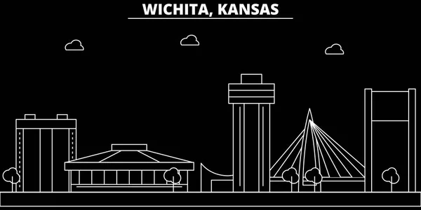 Skyline silueta Wichita. EE.UU. - Wichita ciudad vectorial, arquitectura lineal americana, edificios. Wichita ilustración de viaje, esbozar puntos de referencia. EE.UU. icono plano, bandera de línea americana — Vector de stock