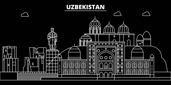 Ouzbékistan silhouette skyline, Ouzbékistan ville vectorielle, architecture linéaire uzbek, illustration de voyage buildingline, icône de point de repère plat, bannière de conception de contour uzbek — Image vectorielle