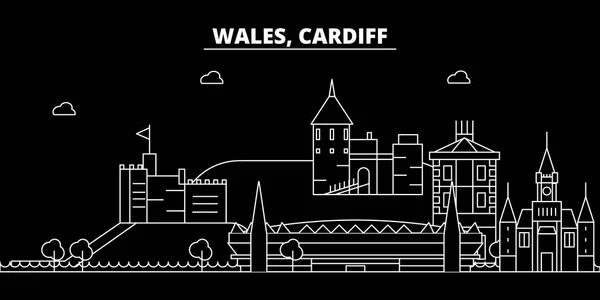 Sílhueta de Cardiff skyline. País de Gales - Cidade vetorial de Cardiff, arquitetura linear galesa, edifícios. Cardiff ilustração viagem, marcos esboço. País de Gales ícone plano, banner linha galês —  Vetores de Stock