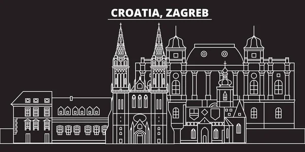 Linha do horizonte da silhueta de Zagreb. Croácia - Zagreb vetor cidade, arquitetura linear croata, edifícios. Zagreb linha viagem ilustração, marcos. Croácia ícone plano, croata esboço design banner — Vetor de Stock