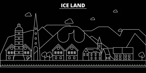 Islandia silueta horizonte, ciudad vectorial, arquitectura lineal, edificioilustración de viajes, contorno puntos de referencia. Islandia icono plano, bandera de línea islandesa — Vector de stock
