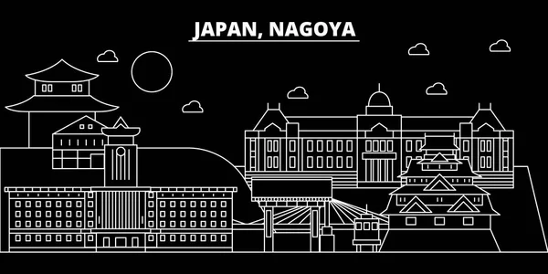 Línea de silueta de Nagoya. Japón Ciudad vectorial de Nagoya, arquitectura lineal japonesa, edificios. Ilustración de viajes en línea de Nagoya, monumentos. Icono plano de Japón, bandera de diseño de esquema japonés — Vector de stock
