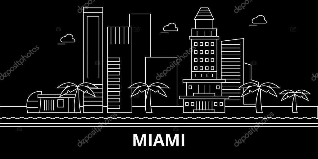 Miami city silhouette skyline. USA - Miami city vector city, american linear architecture, buildings. Miami city line travel illustration, landmarks. USA flat icon, american outline design banner