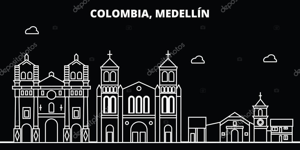 Medellin silhouette, skyline. Colombia - Medellin vector city, colombian linear architecture, buildings. Medellin line travel illustration, landmarks. Colombia flat icon, colombian outline design