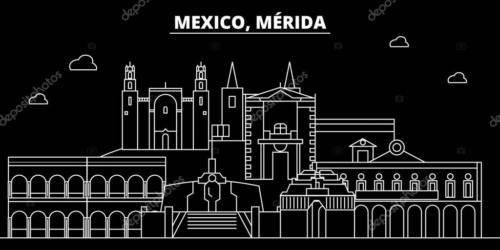 Merida silhouette skyline. Mexico - M rida vector city, mexican linear architecture, buildings. M rida travel illustration, outline landmarks. Mexico flat icon, mexican line design banner