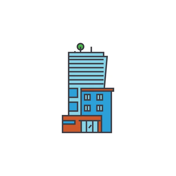 Concetto di icona della linea di business building per uffici. Ufficio business building piatto vettore segno, simbolo, illustrazione . — Vettoriale Stock