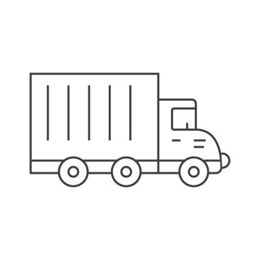 Kamyon araba ince çizgi simgesini kavramı. Kamyon araba doğrusal vektör işaret, sembol, şekil.