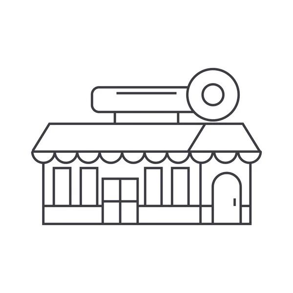 Fast food café construção conceito ícone linha fina. Fast food café edifício linear vetor sinal, símbolo, ilustração . — Vetor de Stock