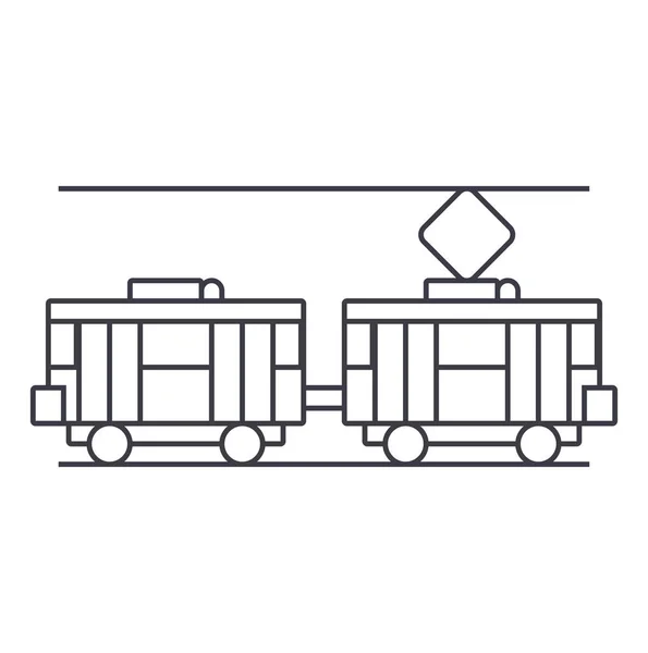 Tram conceito ícone linha fina. Sinal de vetor linear de bonde, símbolo, ilustração . — Vetor de Stock