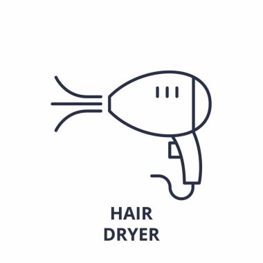 Saç kurutma makinesi satırı simgesi kavramı. Saç kurutma makinesi vektör lineer illüstrasyon, sembol, işareti