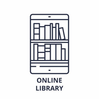 Online Kütüphane çizgi simgesini kavramı. Online Kütüphane vektör lineer illüstrasyon, sembol, işareti