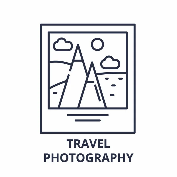 旅游摄影线图标概念。旅行摄影向量线性例证, 标志, 标志 — 图库矢量图片