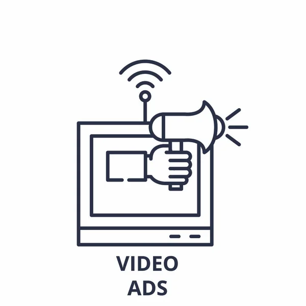 비디오 광고 라인 아이콘 개념입니다. 동영상 광고 벡터 선형 삽화, 상징, 기호 — 스톡 벡터