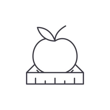 Apple bir cetvel çizgi simgesini konsepti ile. Apple bir cetvel vektör lineer illüstrasyon, sembol, işareti ile