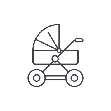 Bebek arabası satırı simgesi kavramı. Bebek arabası vektör lineer illüstrasyon, sembol, işareti