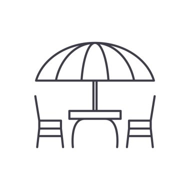 Beach masa ve sandalyeler satırı simgesi kavramı. Beach masa ve sandalyeler vektör lineer illüstrasyon, sembol, işareti