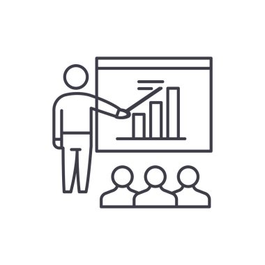 İş planı sunusu satırı simgesi kavramı. İş planı sunusu vektör lineer illüstrasyon, sembol, işareti