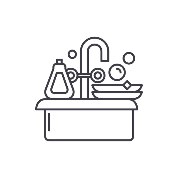 Cleaning dishes line icon concept. Cleaning dishes vector linear illustration, symbol, sign — ストックベクタ