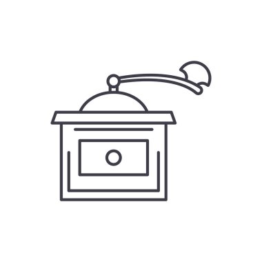 Kahve öğütücü satırı simgesi kavramı. Kahve öğütücü vektör lineer illüstrasyon, sembol, işareti