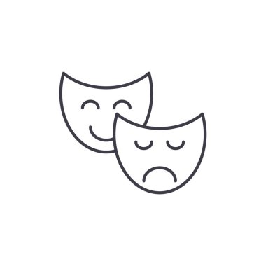 Komedi ve trajedi satırı simgesi kavramı. Komedi ve trajedi vektör lineer illüstrasyon, sembol, işareti