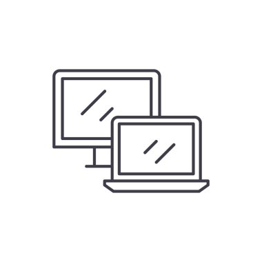 Bilgisayar ve laptop satırı simgesi kavramı. Bilgisayar ve laptop vektör lineer illüstrasyon, sembol, işareti