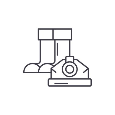 İnşaat botlar ve kask satırı simgesi kavramı. İnşaat botlar ve kask vektör lineer illüstrasyon, sembol, işareti