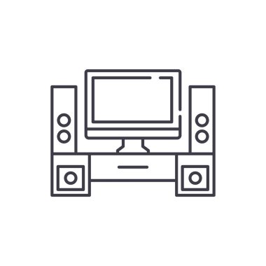 Ev sinema çizgi simgesini kavramı. Ev sinema vektör lineer illüstrasyon, sembol, işareti