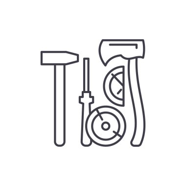 Oduncu araçları satırı simgesi kavramı. Oduncu araçları vektör lineer illüstrasyon, işaret, sembol