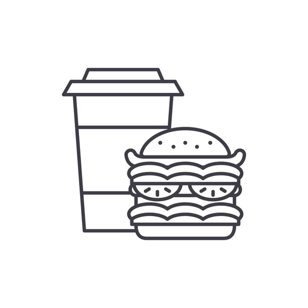 Hamburguesa y café concepto icono de la línea. Hamburguesa y café vector lineal ilustración, símbolo, signo — Archivo Imágenes Vectoriales