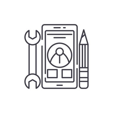 Mobil geliştirme satırı simgesi kavramı. Mobil geliştirme vektör lineer illüstrasyon, sembol, işareti