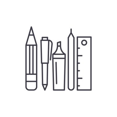 Okul araçları satırı simgesi kavramı. Okul araçları vektör lineer illüstrasyon, sembol, işareti