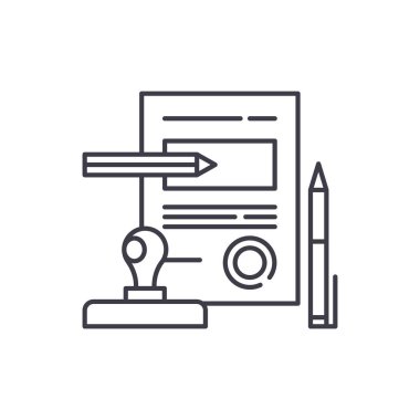 Bir sözleşme satırı simgesi kavram imzalama. İmzalama bir sözleşme vektör lineer illüstrasyon, sembol, işareti