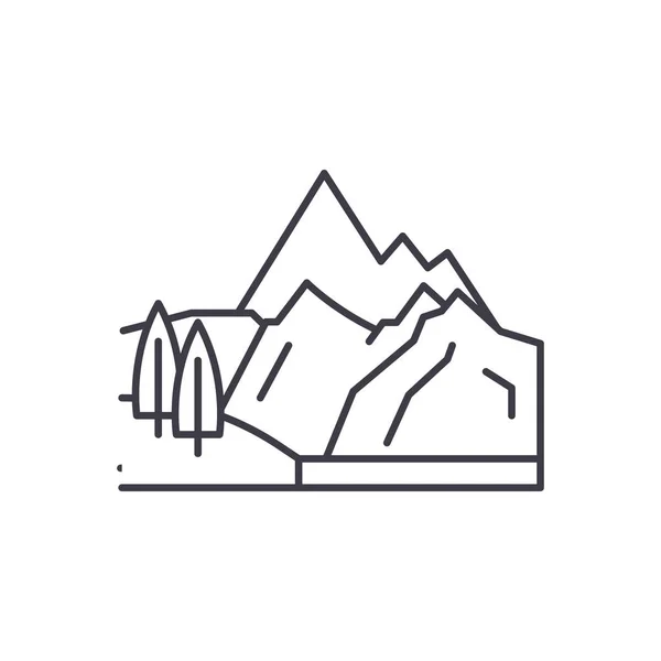 Concept d'icône de ligne de montagnes. Montagnes vectorielles illustration linéaire, signe, symbole — Image vectorielle