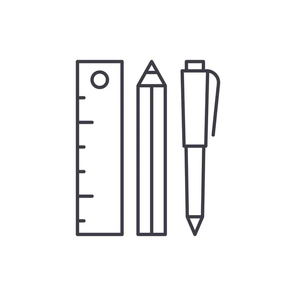 Linjal, penna och pen line ikonen koncept. Linjal, penna och penna vektor linjär illustration, symbol, underteckna — Stock vektor