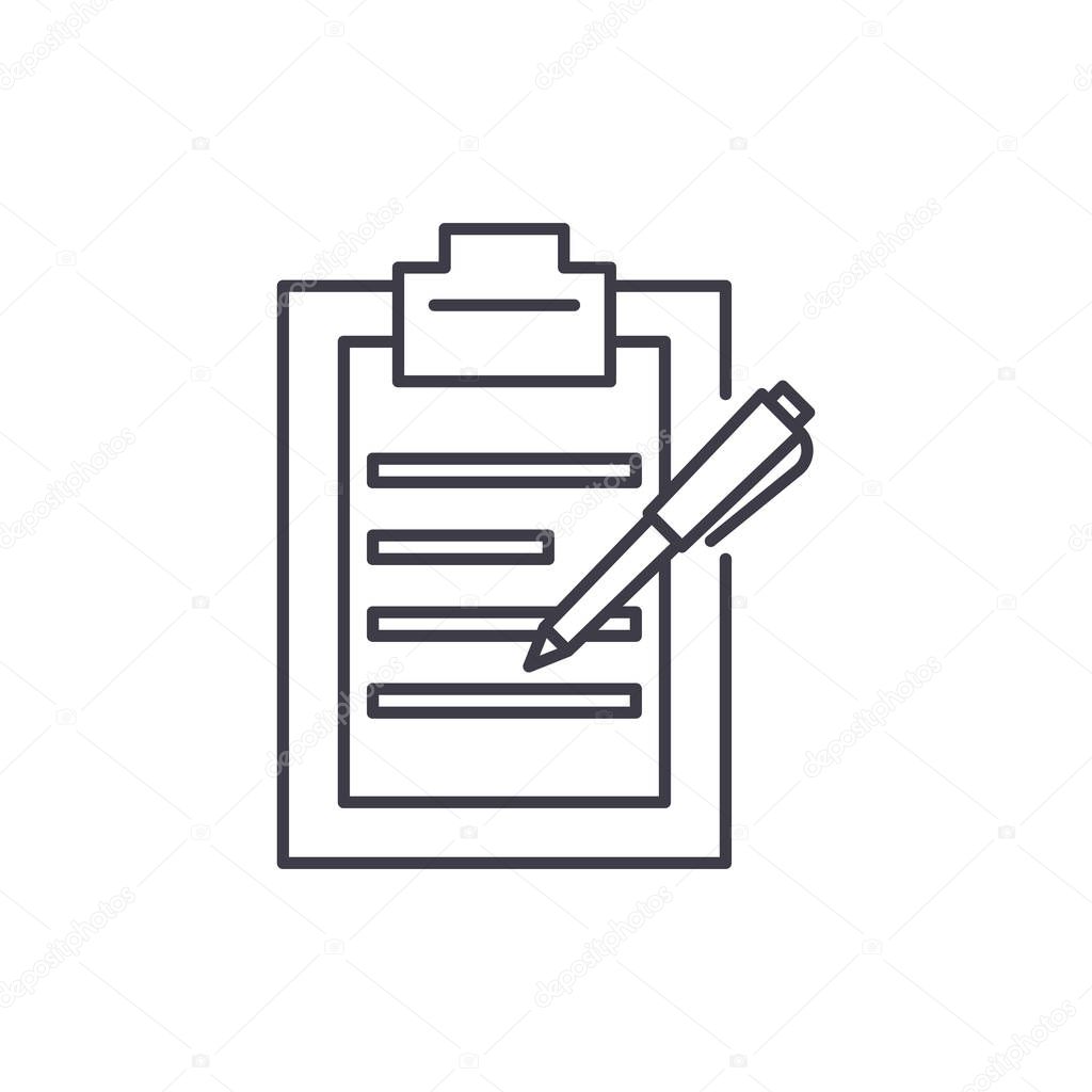 Report writing line icon concept. Report writing vector linear illustration, symbol, sign