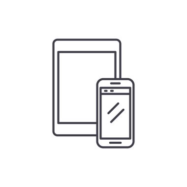 Tablet ve akıllı telefon hattı simgesi kavramı. Tablet ve akıllı telefon vektör lineer illüstrasyon, sembol, işareti