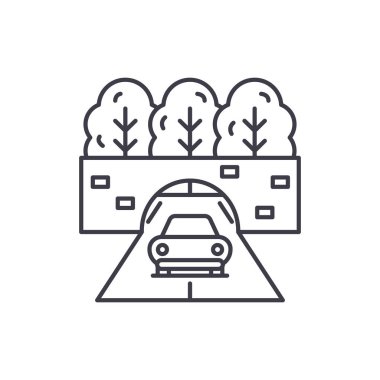 Araba satırı simgesi kavramı ile seyahat. Seyahat araba vektör lineer illüstrasyon, sembol, işareti tarafından