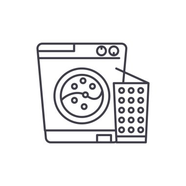 Çamaşır makinesi satırı simgesi kavramı. Çamaşır makinesi vektör lineer illüstrasyon, işaret, sembol
