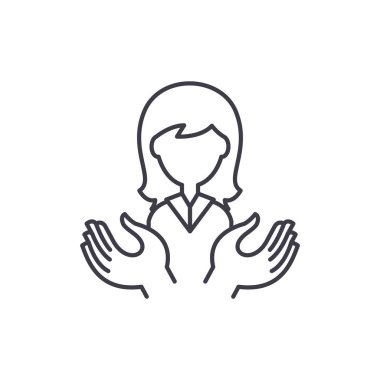 Bayan satırı simgesi kavramı destekler. Kadın destek vektör lineer illüstrasyon, sembol, işareti