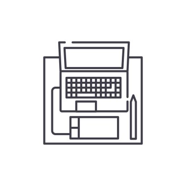 Çalışma alanı ile bir dizüstü bilgisayar satırı simgesi kavram. Çalışma alanı ile bir dizüstü bilgisayar vektör lineer illüstrasyon, sembol, işareti